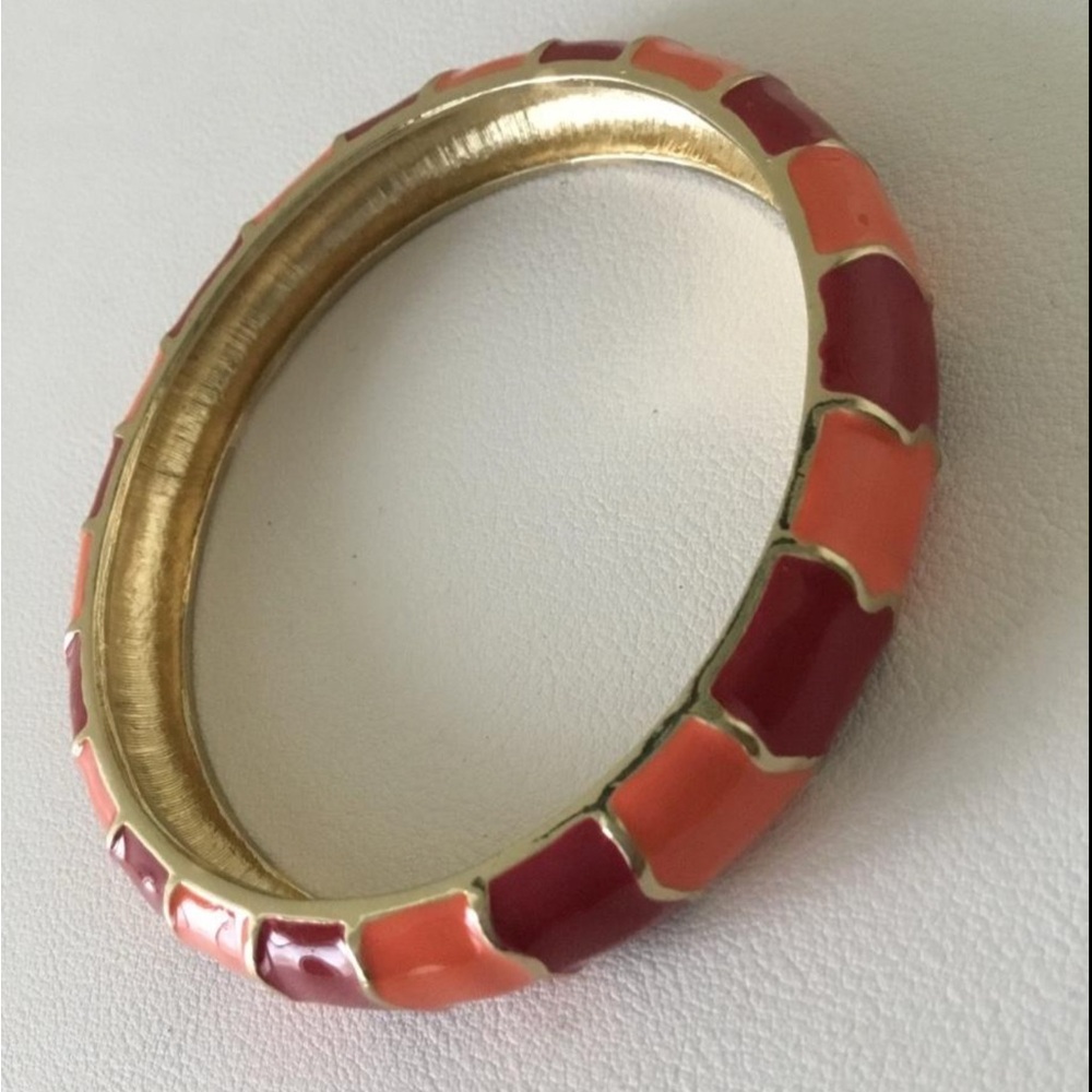 Vintage 1960s Enamel Bangle Bracelet, Coral & Burgundy, Gold Tone, Excellent